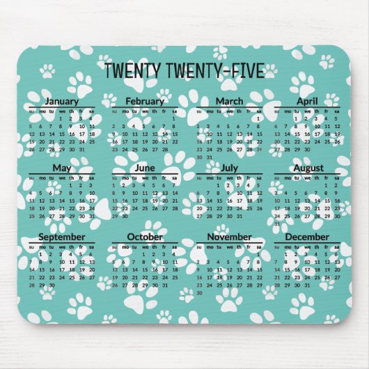 Witte Paw Prints 2025 Kalender Mousepad Muismat (Voorkant)