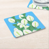 Witte Peace Lily Illustratie Bord Blauw Kartonnen Onderzetters (Schuin)