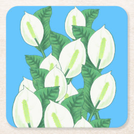 Witte Peace Lily Illustratie Bord Blauw Kartonnen Onderzetters