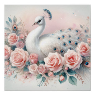 Witte Peacock Blush Roze Rozen Decoupage Perfect Poster