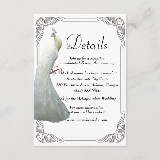 Witte Peacock bruiloft details Informatiekaartje (Voorkant)