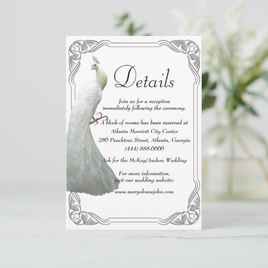 Witte Peacock bruiloft details Informatiekaartje (Staand voorkant)