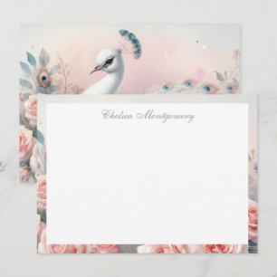 Witte Peacock met Blush Pink Roses gepersonaliseer Notitiekaartje