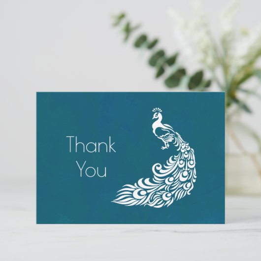 Witte Peacock op Blauwgroen Party Dank u Bedankkaart (Staand voorkant)