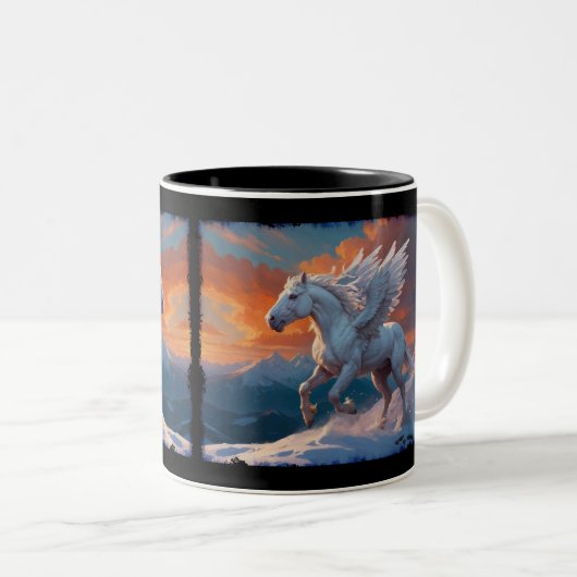 Witte Pegasus in de bergen Tweekleurige Koffiemok (Voorkant rechts)