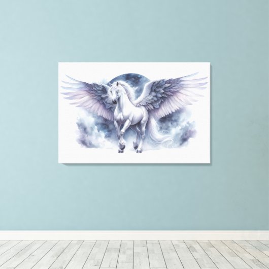 Witte Pegasus Maanverlichte Vleugels Hemelse Droom Canvas Afdruk (Insitu (Houten vloer))