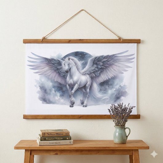 Witte Pegasus Maanverlichte Vleugels Hemelse Droom Hangend Wandkleed