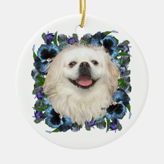 Witte Pekingees met Viooltjes Keramisch Ornament (Voorkant)