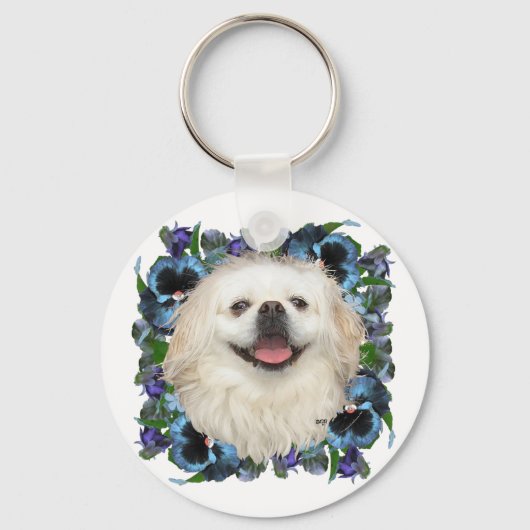 Witte Pekingees met Viooltjes Sleutelhanger (Voorkant)