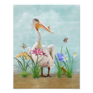 Witte Pelican met bloemen en vlinders Foto Afdruk