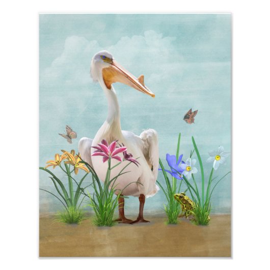 Witte Pelican met bloemen en vlinders Foto Afdruk (Voorkant)