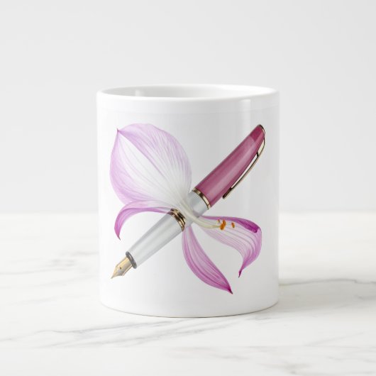 witte pen met roze lint grote koffiekop (Voorkant)