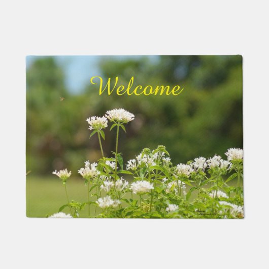 Witte penta bloemen welkom deurmat (Voorkant)