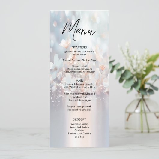 Witte perzik bloemenbruiloft menu (Staand voorkant)