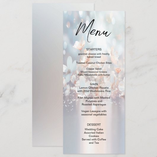 Witte perzik bloemenbruiloft menu (Voorkant / Achterkant)