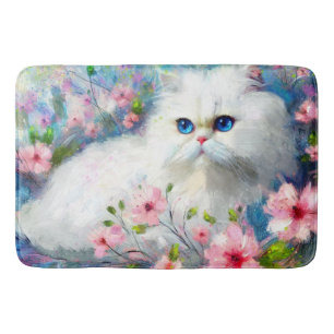 Witte Perzische kat Blauwe ogen in roze bloemen Badmat