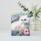 Witte Perzische kat Blauwe ogen in roze bloemen Briefkaart (Staand voorkant)