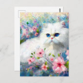 Witte Perzische kat Blauwe ogen in roze bloemen Briefkaart (Voorkant / Achterkant)