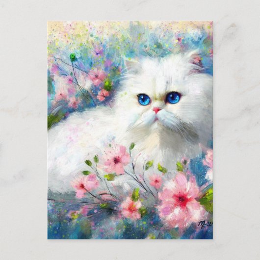 Witte Perzische kat Blauwe ogen in roze bloemen Briefkaart (Voorkant)