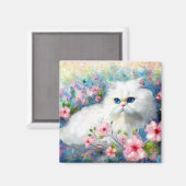 Witte Perzische kat Blauwe ogen in roze bloemen Magneet (Voorkant / Achterkant)