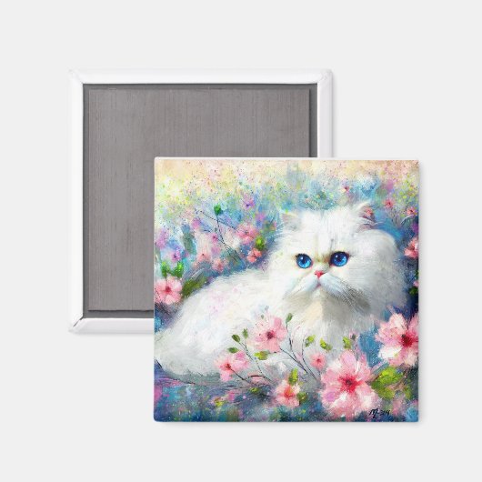 Witte Perzische kat Blauwe ogen in roze bloemen Magneet (Voorkant / Achterkant)
