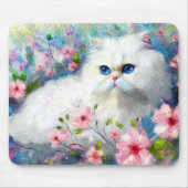 Witte Perzische kat Blauwe ogen in roze bloemen Muismat (Voorkant)
