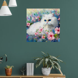 Witte Perzische kat Blauwe ogen in roze bloemen Poster