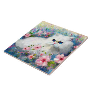 Witte Perzische kat Blauwe ogen in roze bloemen Tegeltje