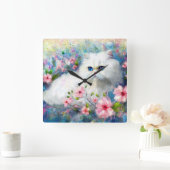 Witte Perzische kat Blauwe ogen in roze bloemen Vierkante Klok (Huis)