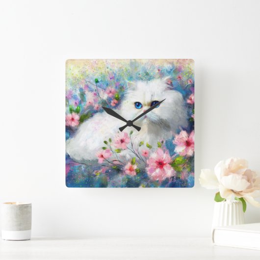Witte Perzische kat Blauwe ogen in roze bloemen Vierkante Klok (Huis)