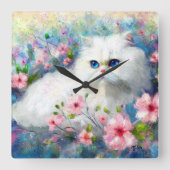 Witte Perzische kat Blauwe ogen in roze bloemen Vierkante Klok (Voorkant)