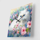 Witte Perzische kat Blauwe ogen in roze bloemen Vierkante Klok (Hoek)