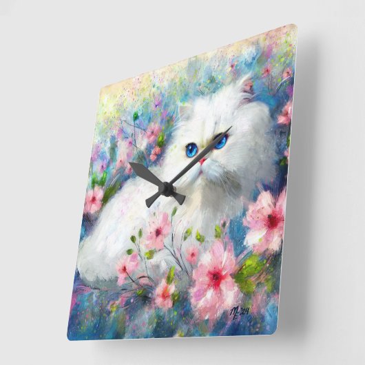 Witte Perzische kat Blauwe ogen in roze bloemen Vierkante Klok (Hoek)