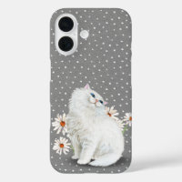 Witte Perzische kat en madeliefjes