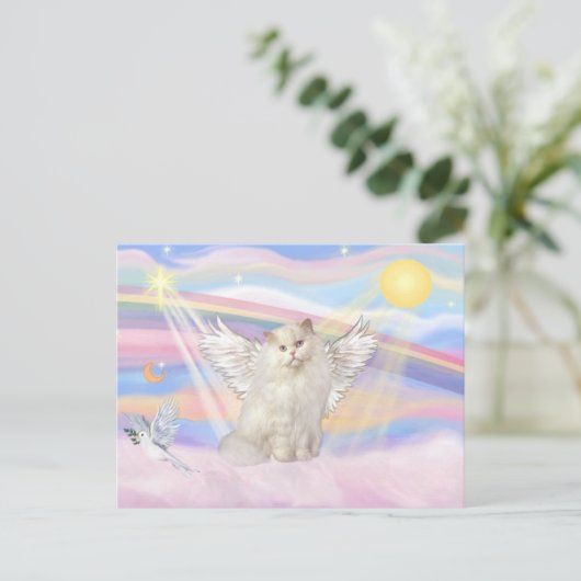 Witte Perzische kat engel in wolken Briefkaart (Staand voorkant)