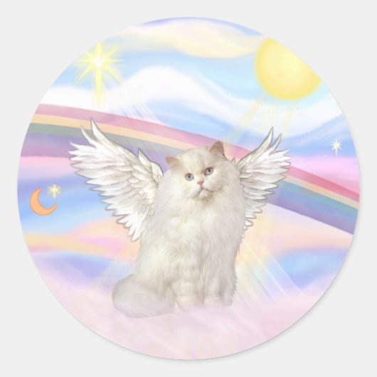 Witte Perzische kat engel in wolken Ronde Sticker (Voorkant)