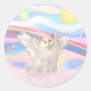 Witte Perzische Kat Engel in Wolken Ronde Sticker