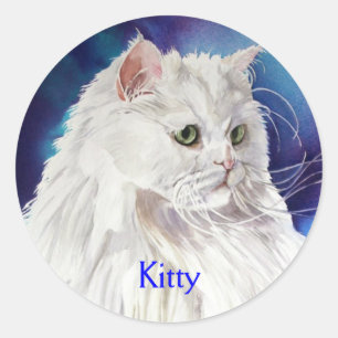 Witte Perzische Kat Gepersonaliseerde Naam Aangepa Ronde Sticker