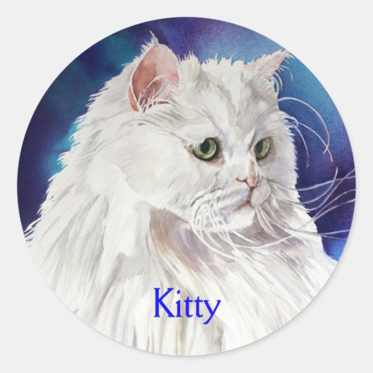 Witte Perzische Kat Gepersonaliseerde Naam Aangepa Ronde Sticker (Voorkant)