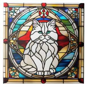 Witte Perzische Kat Glas in lood Decoratieve Tegel Tegeltje