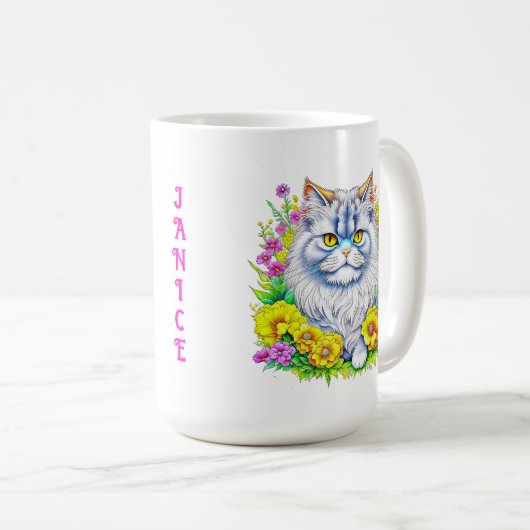 Witte Perzische Kat in Bloemen Gepersonaliseerd Koffiemok (Voorkant rechts)