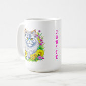 Witte Perzische Kat in Bloemen Gepersonaliseerd Koffiemok (Voorkant links)