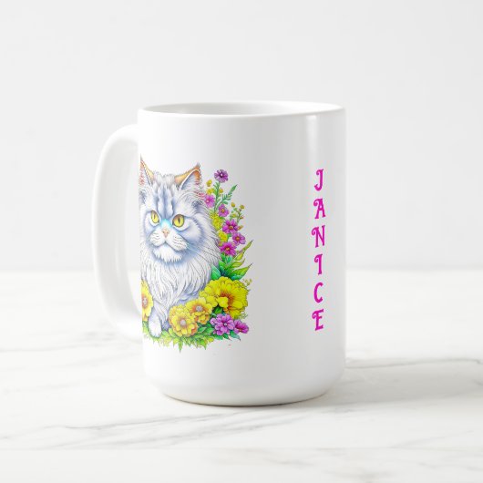 Witte Perzische Kat in Bloemen Gepersonaliseerd Koffiemok (Voorkant links)