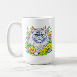 Witte Perzische Kat in Bloemen Gepersonaliseerd Koffiemok