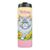 Witte Perzische Kat in Bloemen Gepersonaliseerd Thermosbeker (Voorkant)