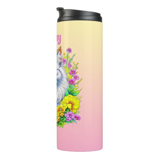 Witte Perzische Kat in Bloemen Gepersonaliseerd Thermosbeker (Geroteerd rechts)