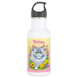 Witte Perzische Kat in Bloemen Gepersonaliseerd Waterfles