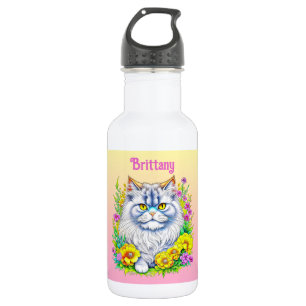 Witte Perzische Kat in Bloemen Gepersonaliseerd Waterfles