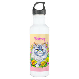 Witte Perzische Kat in Bloemen Gepersonaliseerd Waterfles