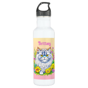Witte Perzische Kat in Bloemen Gepersonaliseerd Waterfles